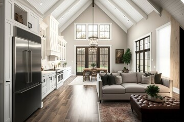 Fototapeta na wymiar Beautiful, big living room interior with wooden floor and vaulted ceiling in new luxury house. View of the Kitchen, entryway, loft style area1 generative AI