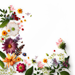 a white background topped with lots of flowers, blank space made with Generative AI technology