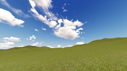 Green grass hill field under blue sky. 3D illustration. 3D rendering.