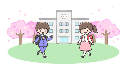 入学式　学校に向かう新一年生の男の子と女の子	