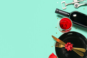 Composition with plate, cutlery, bottle of wine and glass on color background. Valentine's Day celebration