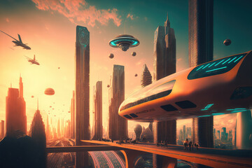 Fototapeta na wymiar futuristic city skyline with advanced AI-controlled transportation systems, generative ai