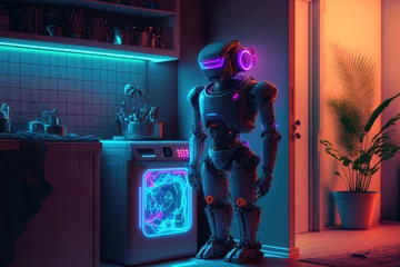 Fototapeten neon-lit robot in a domestic setting, showcasing its advanced AI capabilities for household tasks, generative ai © aicandy