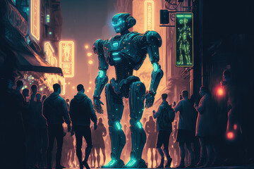 Fototapeta na wymiar neon-lit robot standing amongst a group of people, showcasing its advanced AI capabilities in a public setting, generative ai