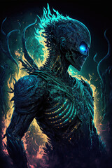 Alien Warrior Illustration with Neon Glow Bioluminescent Light and Intricate Armor Background. Generative Ai