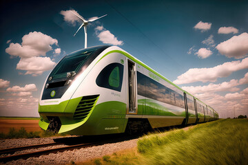 sleek and modern train powered by green energy, generative ai