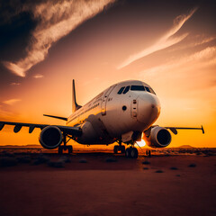 Naklejka na ściany i meble Airplane at sunset photography made with Generative AI technology