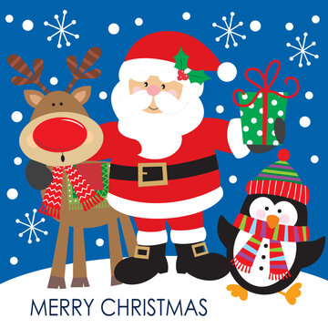 christmas card with santa, reindeer and penguin