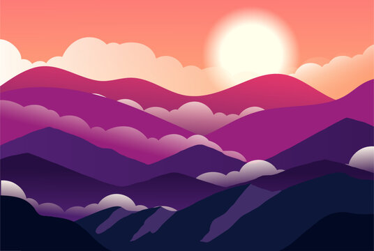 nature background with mountain,awan and sun view. vector. illustration. flat design mountain landscape