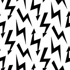 Black lightning bolts seamless pattern. Thunderbolts repeating background. Storm and lightning strike ornament wallpaper. Energy power or electricity voltage symbols. 