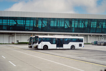 Cengkareng, Indonesia - January 16, 2023: Two buses ready to take passengers to the plane at Soekarno–Hatta Cengkareng International Airport in Indonesia.