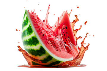 watermelon with juice splash - obrazy, fototapety, plakaty