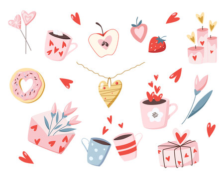 Valentine's day heart shape food and drinks flat illustration set