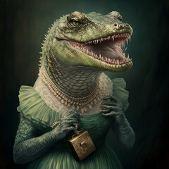 sharp-toothed and fierce-looking crocodile in a fitted, green sequin-covered dresss