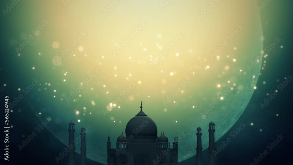 Wall mural ramadan red big moon and up light background loop. 3d rendering. silhouette of taj mahal with partic