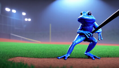 Blue frog holding a baseball bat on a field at night time generative ai
