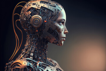 Extremely detailed futuristic robot or cyborg head in profile. Isolated on black background. 3D Render. (ai generated)