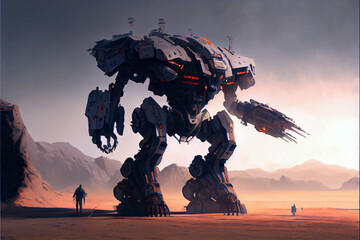 Futuristic huge robot combat machine. Digital art style, generative AI illustration