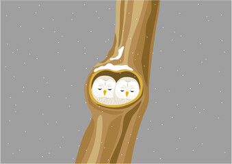 雪降る曇り空にうろにいるエゾフクロウのイラスト06