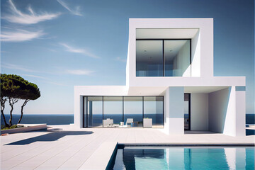 Fototapeta na wymiar Wonderful residential villa. Modern architecture with swimming pool and sea view. Generative AI illustration