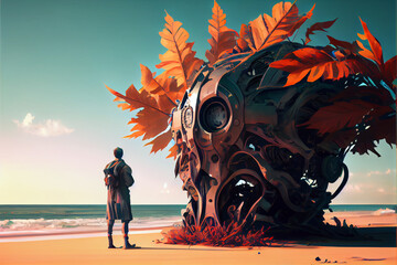 Fototapeta na wymiar A man looking at a giant ancient engine on the beach. Digital art style, generative AI illustration