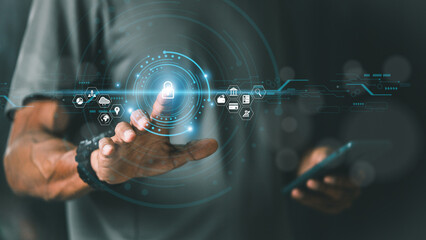 Cybersecurity and privacy concepts to protect data. Lock icon and internet network security technology. man protecting personal data on smart phone with virtual screen interfaces.