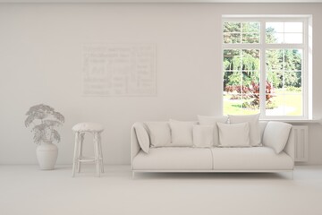 Mock up of stylish room in white color with sofa and green landscape in window. Scandinavian interior design. 3D illustration