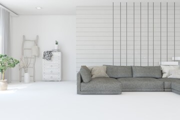 White living room with sofa. Scandinavian interior design. 3D illustration