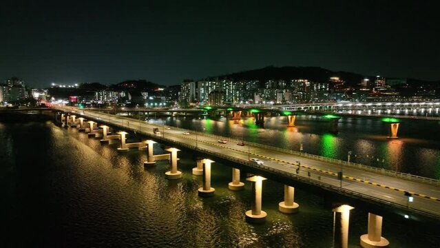 Seoul Han River, 서울한강 천호대교와 올림픽대교 야간드론촬영(night drone photography)