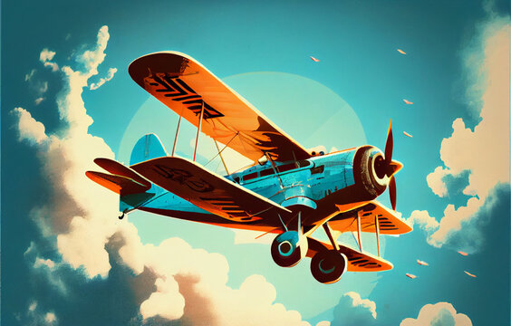 Classic plane flying in the beautiful blue sky. Digital art style. Generative AI illustration