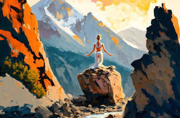 person on the top of mountain oil painting