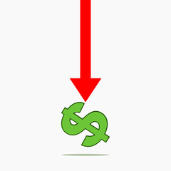 Dollar crash symbol with red arrow on white background. Global Economic Downturn. Recession. Market Crash.