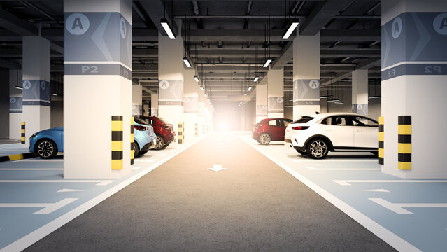Parking garage, underground interior with a few parked cars. 3D illustration Render