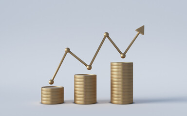 Coins and graph on white, 3d rendering