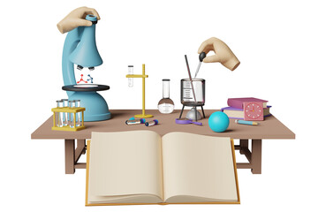 3d science experiment kit with microscope, globe, magnifying, beaker, test tube, desk, open book isolated. room innovative education, e-learning concept, 3d render illustration