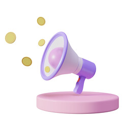 3d megaphone, hand speaker with cylinder podium, coins isolated. business finance, banking, investment concept, 3d render illustration