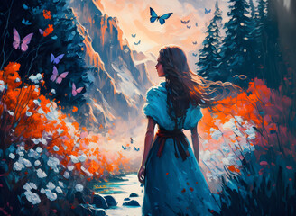 Fototapeta na wymiar girl in the forest oil painting