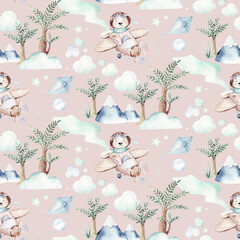 Watercolor airplane kid seamless pattern. Watercolor toy background baby cartoon cute pilot hippopotamus, zebra with hippo, lion aviation sky transport airplanes, clouds.