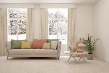 White living room with sofa and winter landscape in window. Scandinavian interior design. 3D illustration