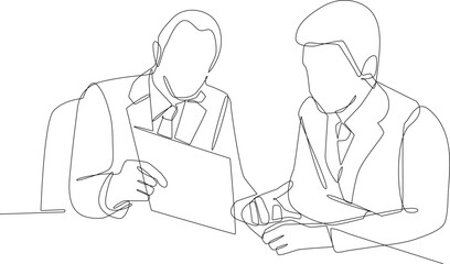Continuous one line drawing two smart businessmen discussing project in office. Business consulting concept. Single line draw design vector graphic illustration.
