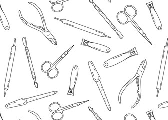 doodle pattern with manicure and pedicure tools, black lines on a white background, advertising poster, background for a beauty salon