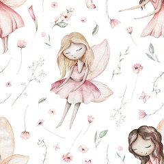 Fairy and Flowers watercolor seamless girls nursery pattern. Cartoon pink magic girl baby background. Faitytale textile art