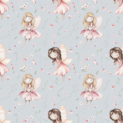 Fairy and Flowers watercolor seamless girls nursery pattern. Cartoon pink magic girl baby background. Faitytale textile art