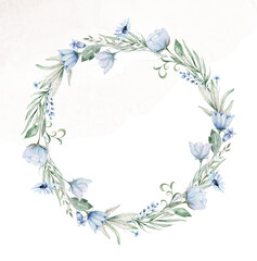 Cute wreath bouquet with green branches, ranunculus, wild flower Berry and leaf illustration in vintage watercolor style