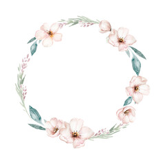 Cute wreath bouquet with green branches, ranunculus, wild flower Berry and leaf illustration in vintage watercolor style