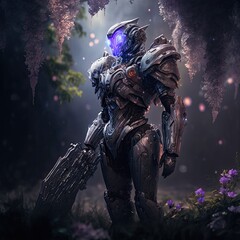 Ethereal Robot Deity: Space-bound Photoshoot, Filled with trees and flowers in spring season