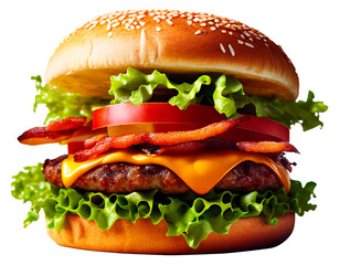 Delicious Burger, Onion, Tomato, Cheese, Ai - obrazy, fototapety, plakaty