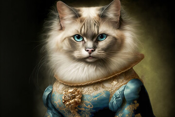 Cute adorable kitty cat dressed in a regal dress. Pet portrait in clothing. Post-processed generative AI	