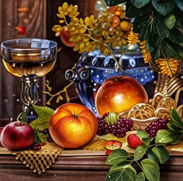 Still life with apples. Painting of Wine Glass and Fruits. Beautiful picture of Fruits art.