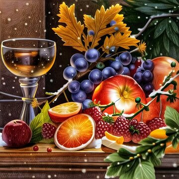 Still life with grapes and wine. Painting of Wine Glass and Fruits. Beautiful picture of Fruits art.